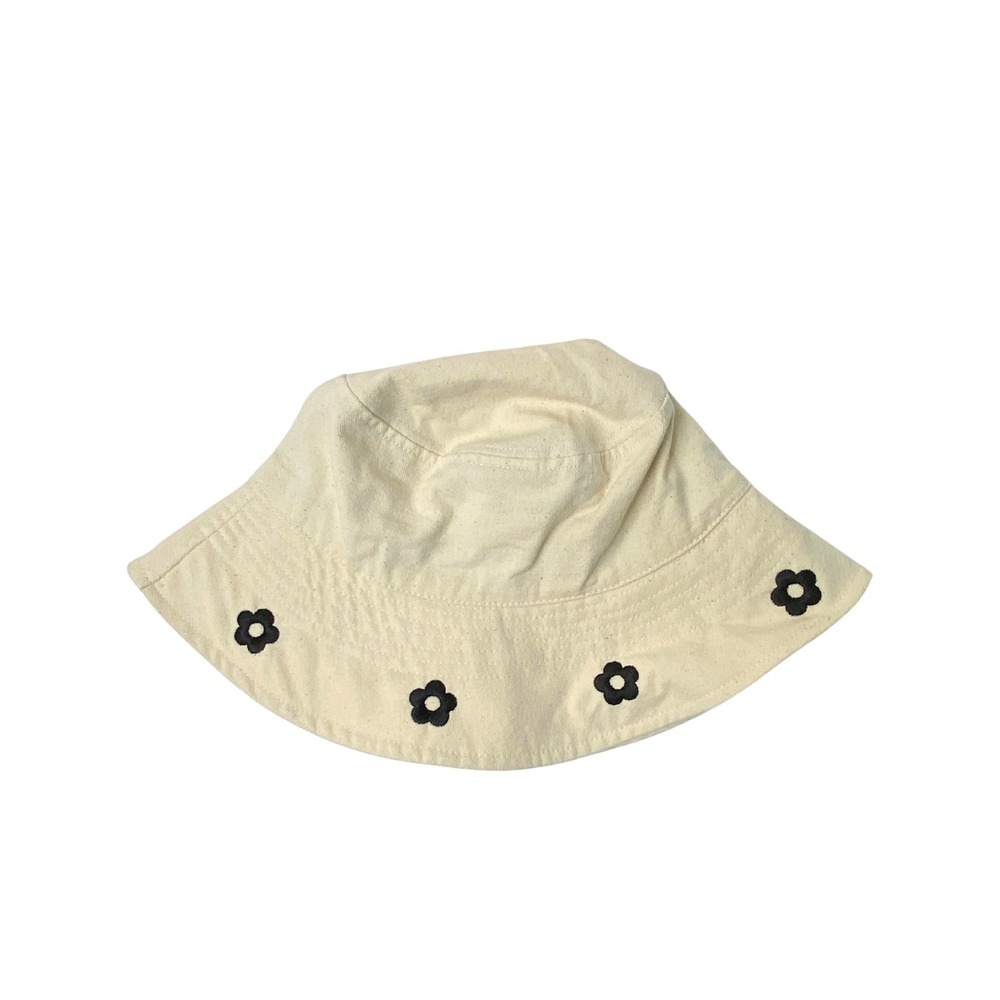 Embroidered Floral Bucket Hat – Beige with Black Flowers – 100% Cotton